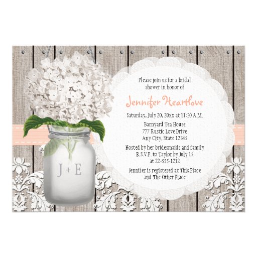Peach and White Hydrangea Mason Jar Bridal Shower Cards (front side)