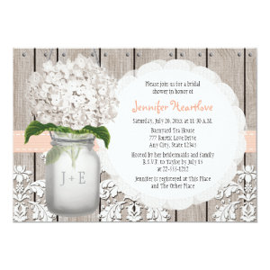 Peach and White Hydrangea Mason Jar Bridal Shower 5x7 Paper Invitation Card