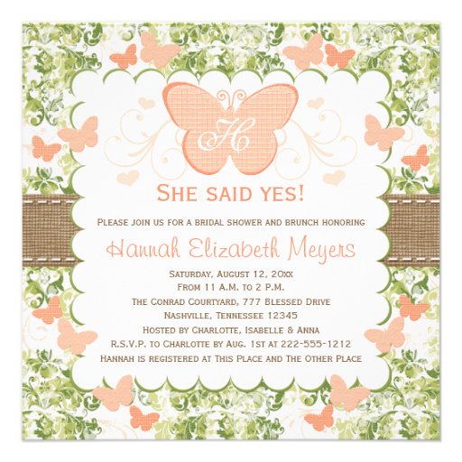 Peach Burlap Butterfly Bridal Shower Invitations (front side)