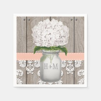 Peach Coral Monogrammed White Hydrangea Mason Jar Paper Napkin