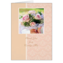 Peach Damask Photo Thank You Greeting Cards