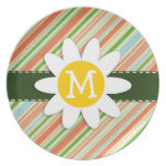 Peach & Forest Green Striped; Daisy Dinner Plate