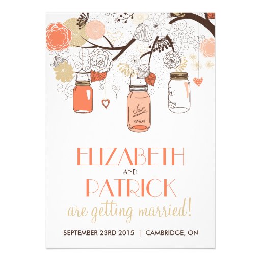 Peach & Gold Mason Jars Spring Wedding Invitation