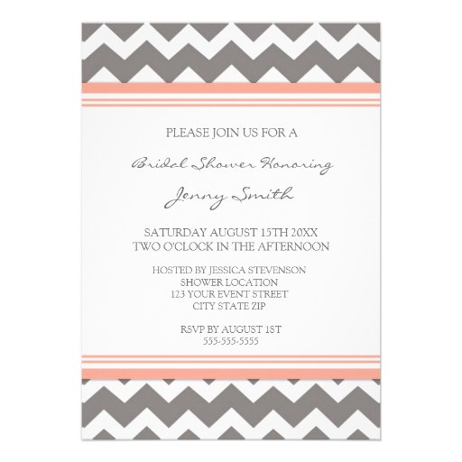 Peach Gray Chevron Bridal Shower Invitation Cards