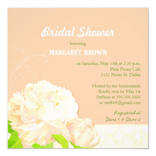 Peach + Green Peony Theme Bridal Shower Invitation