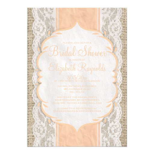 Peach Linen Burlap Lace Bridal Shower Invitations