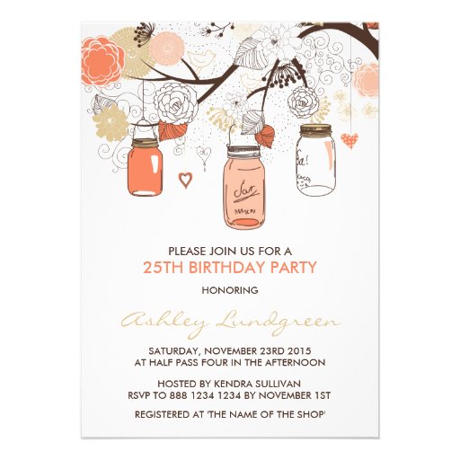Peach Mason Jars Floral Birthday Party Invitation