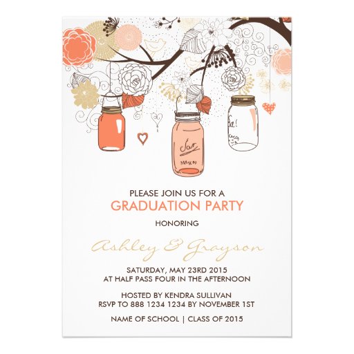 Peach Mason Jars Graduation Party Invitation (front side)