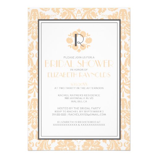 Peach Monogram Damask Bridal Shower Invitations