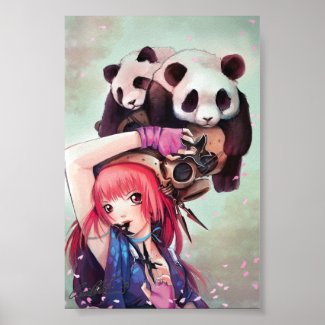 Peach Ninja Pandas Poster print
