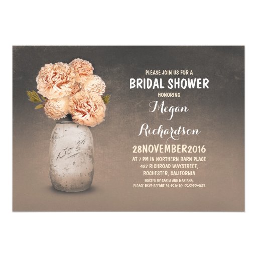 Peach painted mason jar rustic bridal shower custom invitations