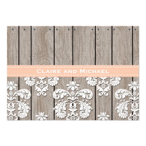 Peach Pale Coral Wood Lace Wedding Invitations
