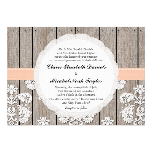 Peach Pale Coral Wood Lace Wedding Invitations (front side)