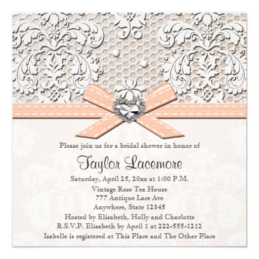Peach Vintage Lace and Pearls Bridal Shower Invitations