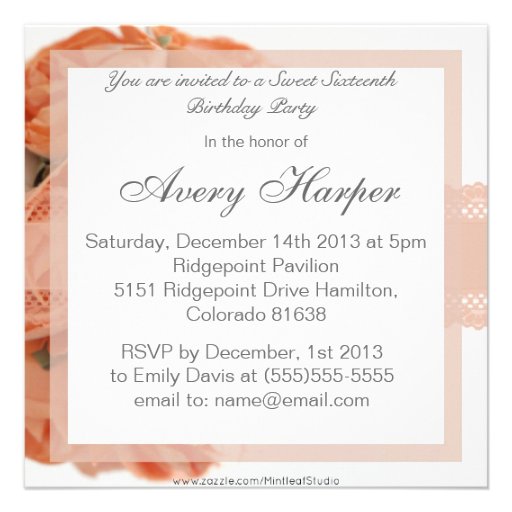 Peach Roses and Lace Sweet Sixteen Birthady Party Custom Invite