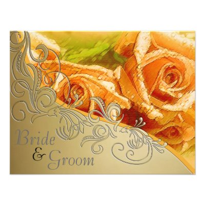 Peach Roses & Gold - Flat 2 sided Wedding Invite