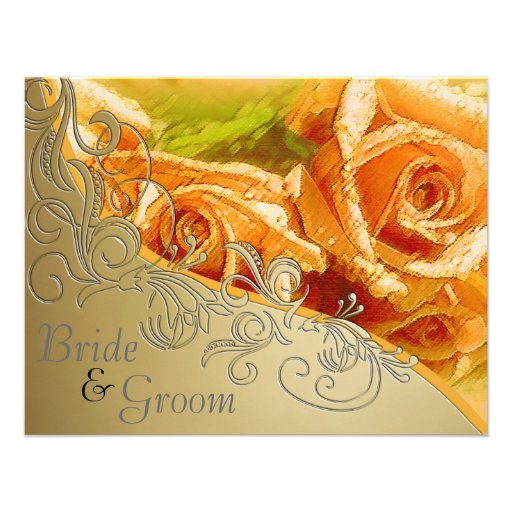 Peach Roses & Gold - Flat 2 sided Wedding Invite