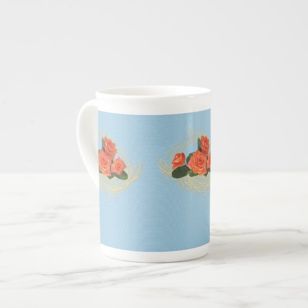 Peach Roses on Vintage Blue Bone China Mug