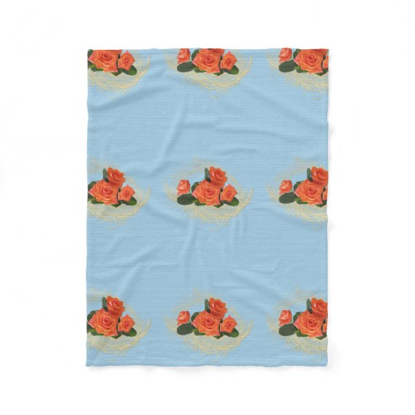 Peach Roses on Vintage Blue Fleece Throw Blanket Fleece Blanket