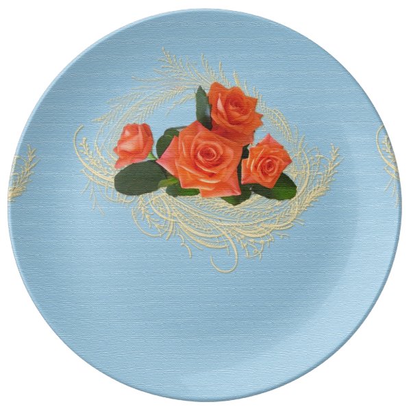Peach Roses on Vintage Blue Porcelain Plate