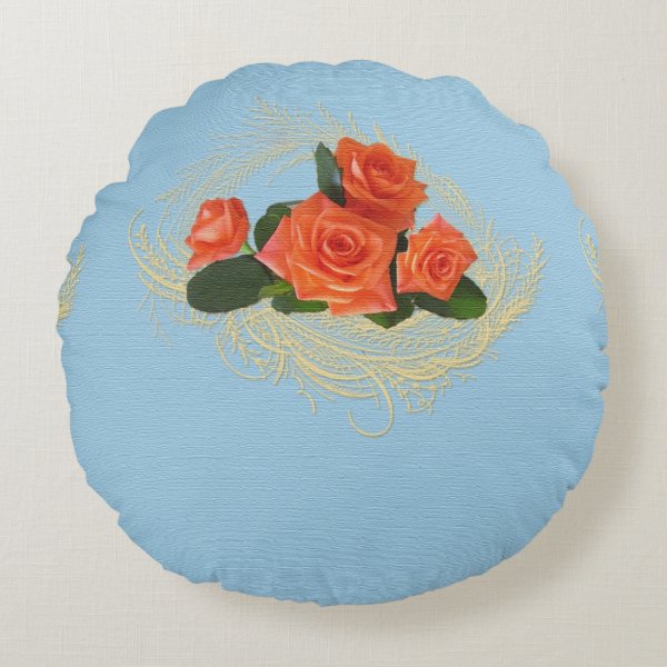 Peach Roses On Vintage Blue Round Pillow Cushion