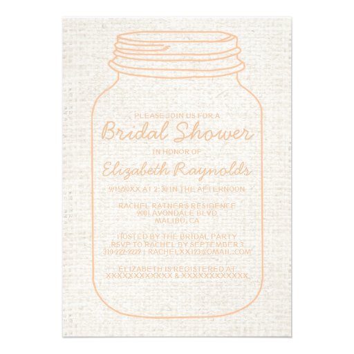 Peach Rustic Burlap Mason Jar Bridal Shower Invite