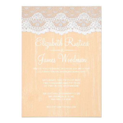 Peach Rustic Lace & Barn Wood Wedding Invitations