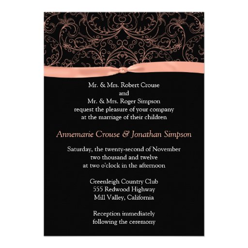 Peach Scrolls and Ribbon Wedding Invitation