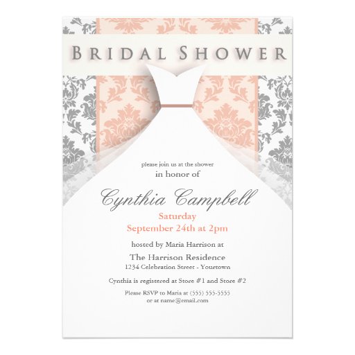Peach/Silver Damask Bridal Shower Invitations