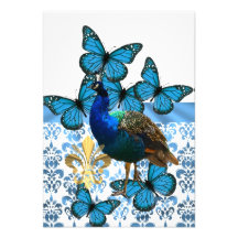 Peacock and blue butterflies custom invitation