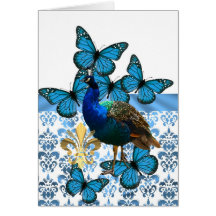 Peacock and blue butterflies greeting cards