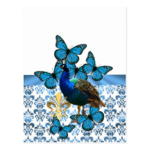 Peacock and blue butterflies postcard