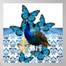 Peacock and blue butterflies poster