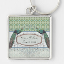 peacock aqua sage green diamond damask pattern keychains