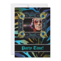 Peacock Birthday Party Zebra Lace Blue Gold Custom Announcements