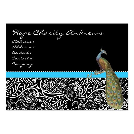 Peacock Black White Damask Bright Aqua Trim Business Card Template (front side)
