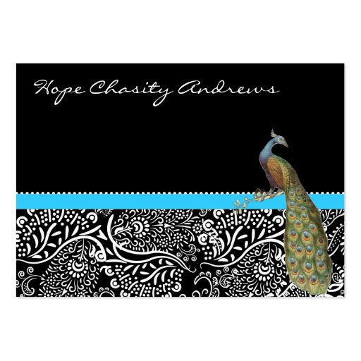 Peacock Black White Damask Bright Aqua Trim Business Card Template (back side)