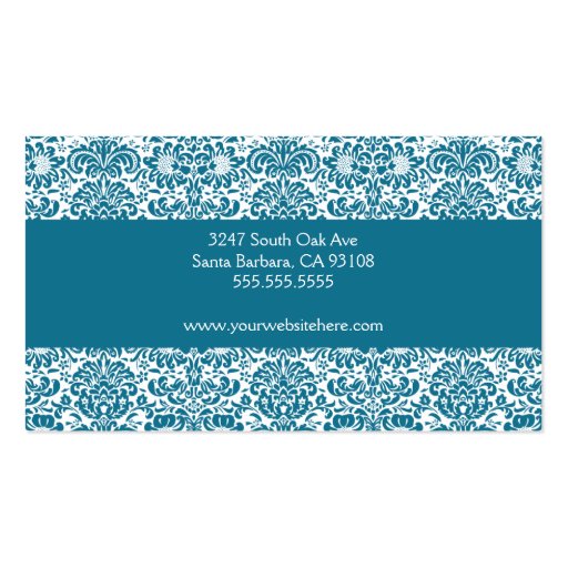 Peacock Blue and White Damask Business Card (back side)