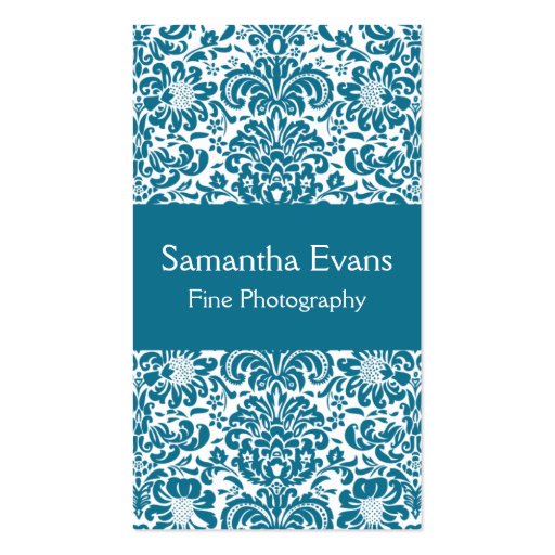 Peacock Blue and White Damask Business Card (front side)
