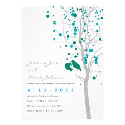 Peacock Blue Love Birds in Tree with Gray Leaves Invitations