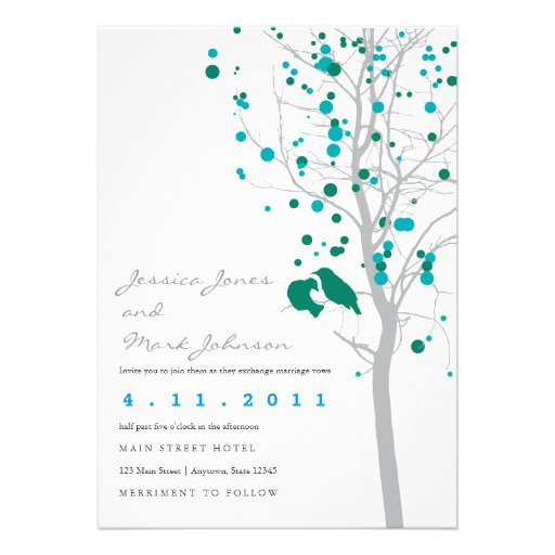 Peacock Blue Love Birds in Tree with Gray Leaves Invitations