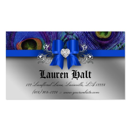Peacock Business Card Blue Bow Silver (back side)