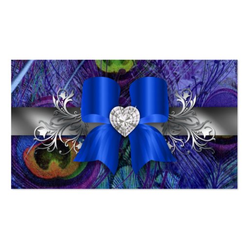 Peacock Business Card Blue Bow Silver (front side)