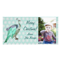 Peacock Christmas Blue Snowflakes  Photo Card