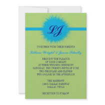 Peacock colors feather monogram wedding invitation