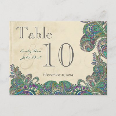 Peacock Colors Paisley Wedding Table Number Post Card by samack