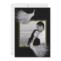 Peacock Elegance in Black, Gold, White Invitation