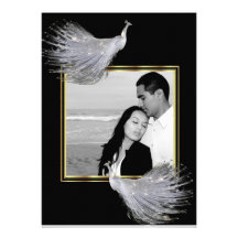 Peacock Elegance in Black, Gold, White Invitation