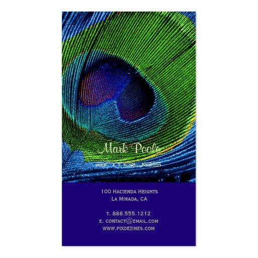 Peacock feather business cards, blue (back side)