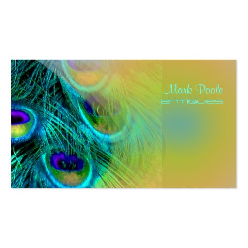 Peacock feather business cards, golden rod (front side)